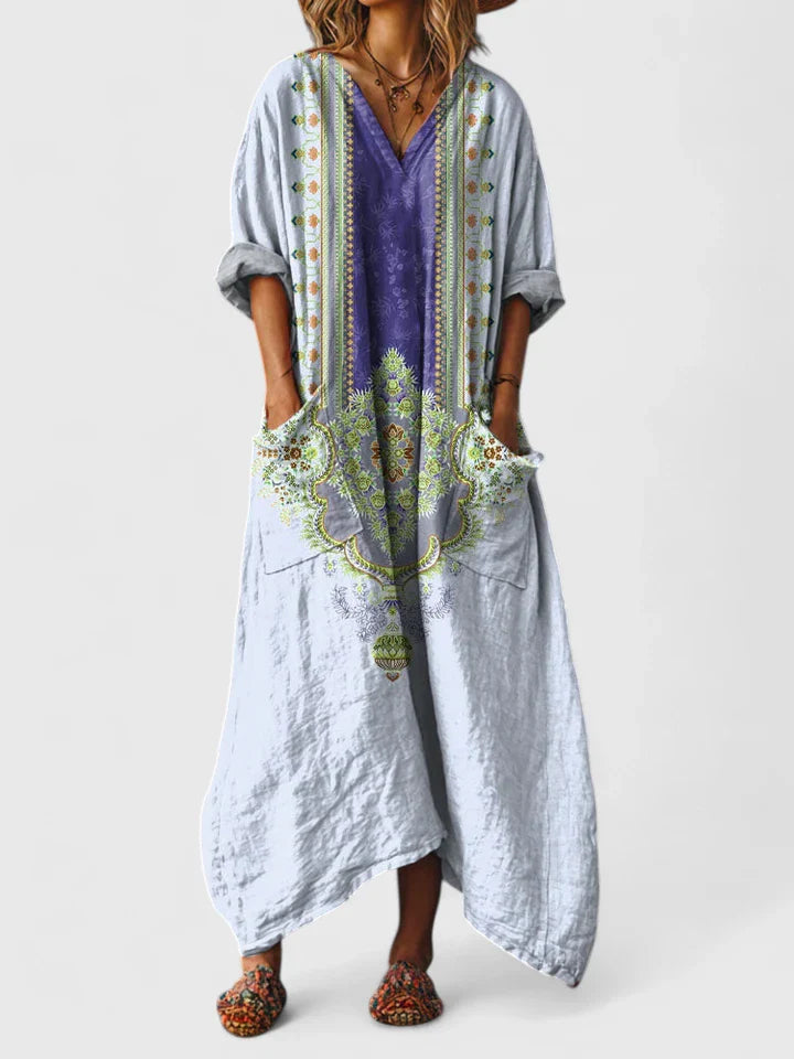 Women's Dress V-Neck Bohemian Style with Pockets and Woven Print Design 5