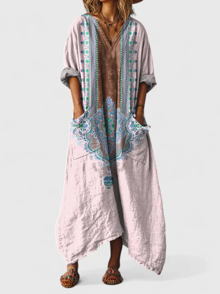 Women's Dress V-Neck Bohemian Style with Pockets and Woven Print Design 6