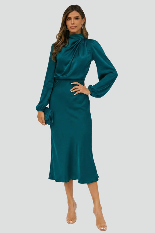 Women's Dress Woven Fabric High Draped Neckline Long Sleeve Midi Dress 4