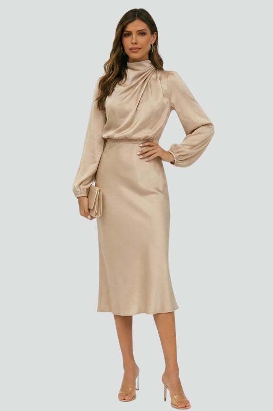 Women's Dress Woven Fabric High Draped Neckline Long Sleeve Midi Dress 5
