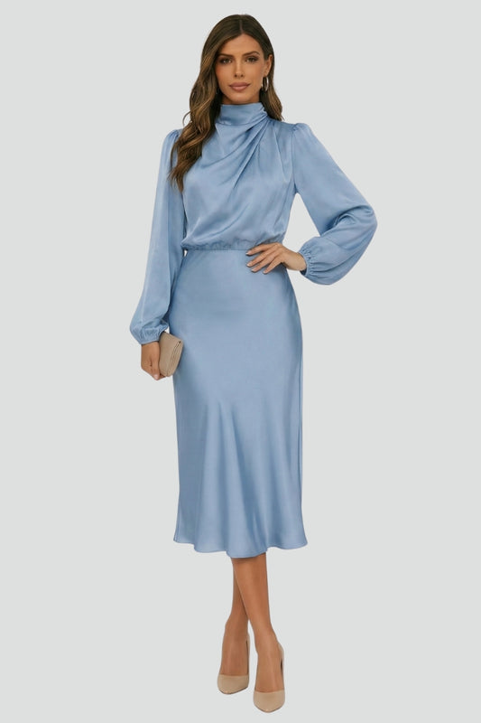 Women's Dress Woven Fabric High Draped Neckline Long Sleeve Midi Dress 6