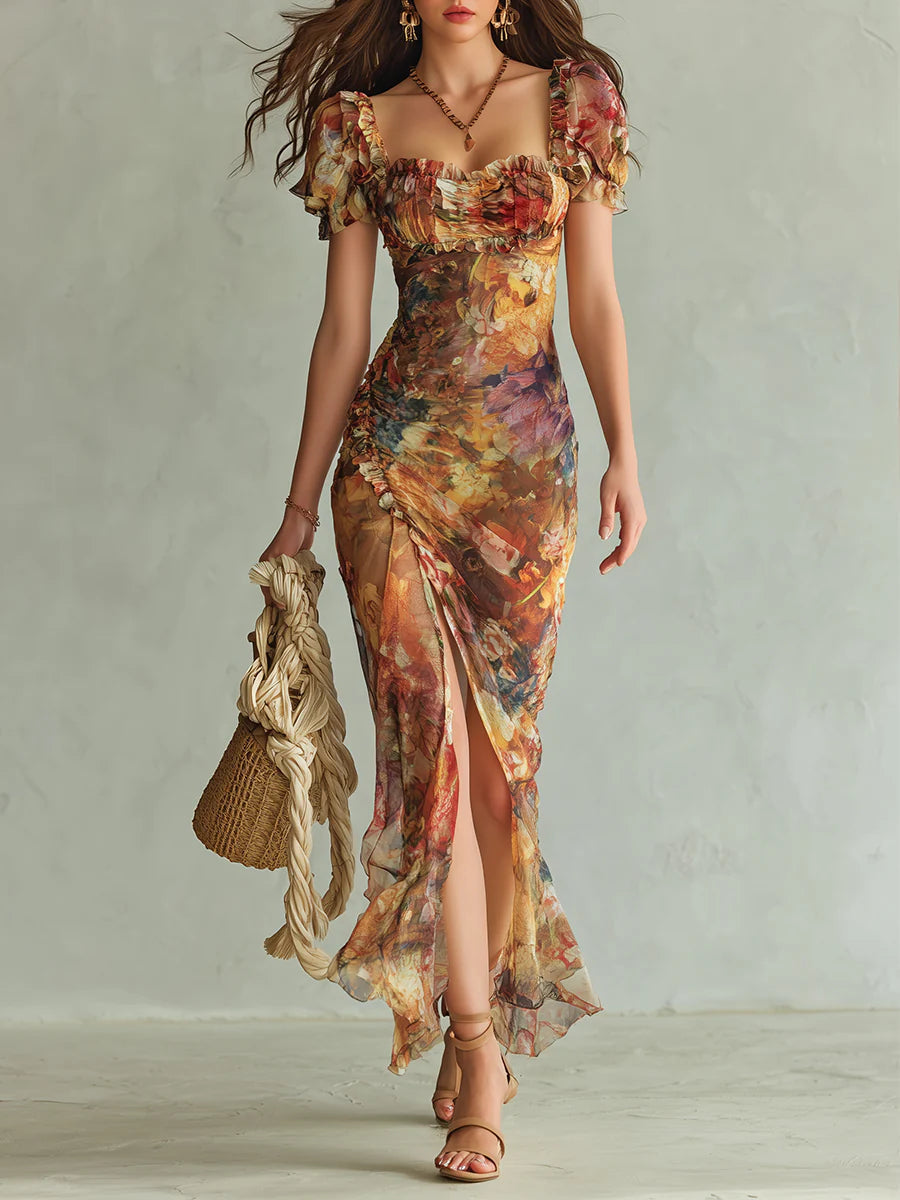 Women's Floral Maxi Dress Chiffon Ruffle Sweetheart Neckline Casual Summer 0