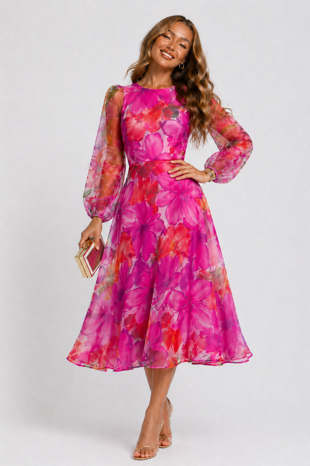 Women's Floral Midi Dress Sheer Long Sleeves A-Line Summer Dresses 1