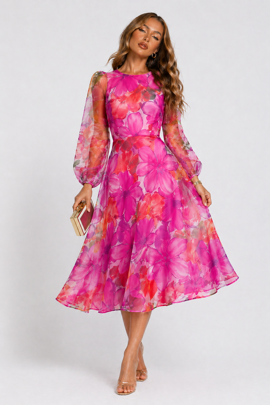 Women's Floral Midi Dress Sheer Long Sleeves A-Line Summer Dresses 2