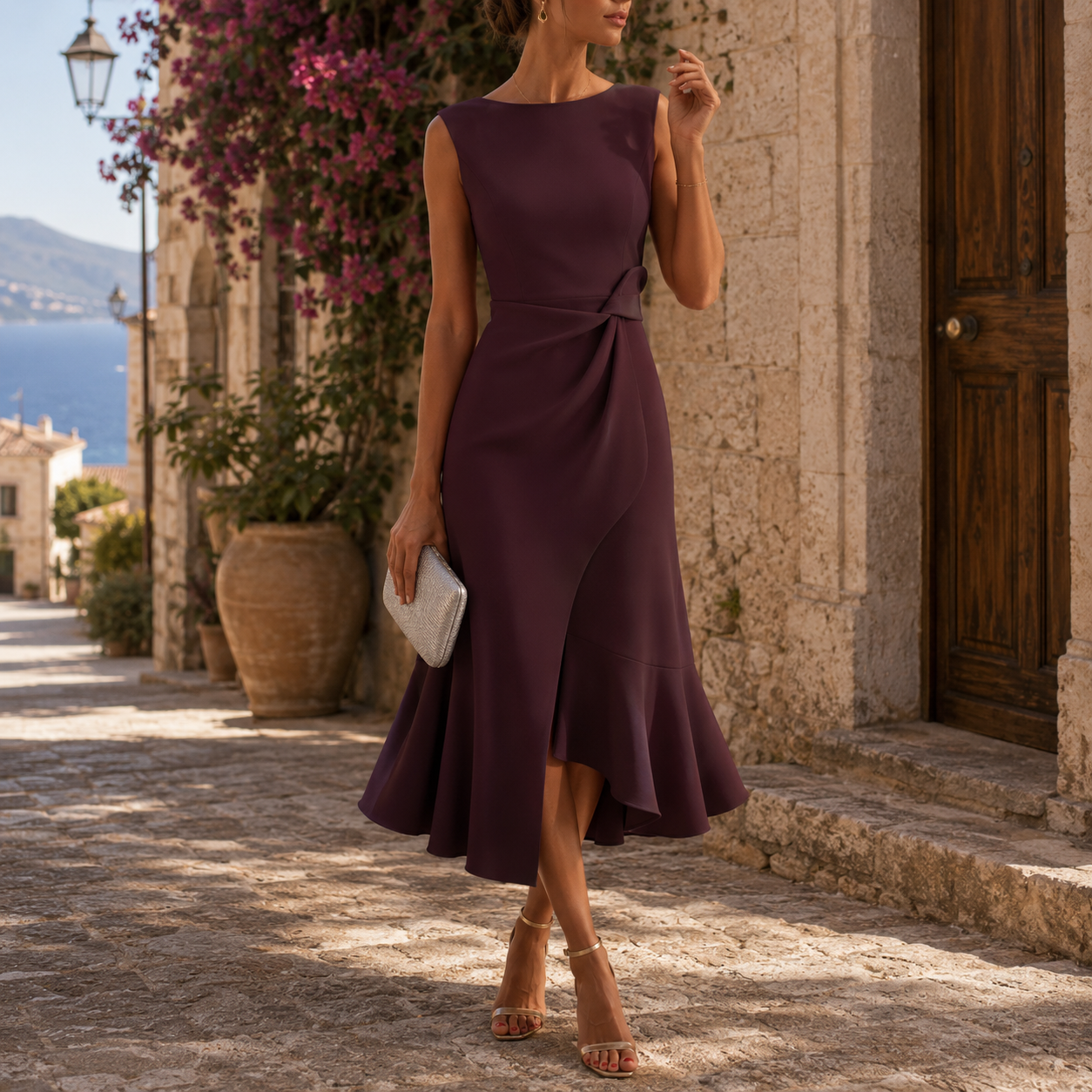 Women's Formal Dress Asymmetrical Wrap Sleeveless Draped Waist Flared Skirt 9