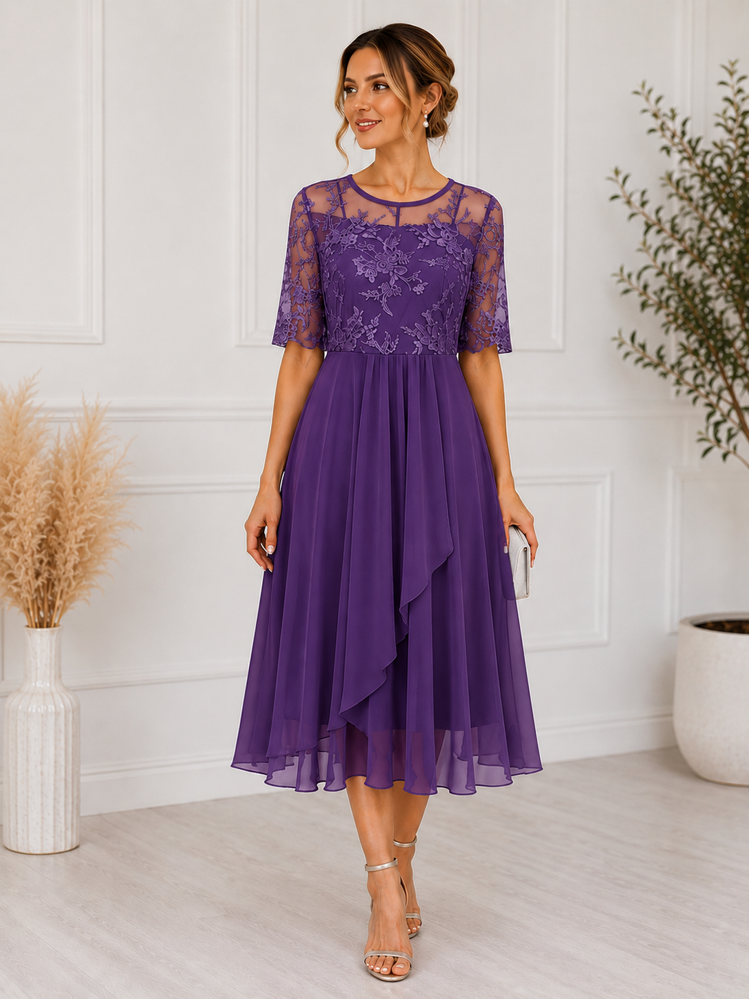 Women's Lace Midi Dress A-Line Silhouette Cocktail Formal Occasion 1