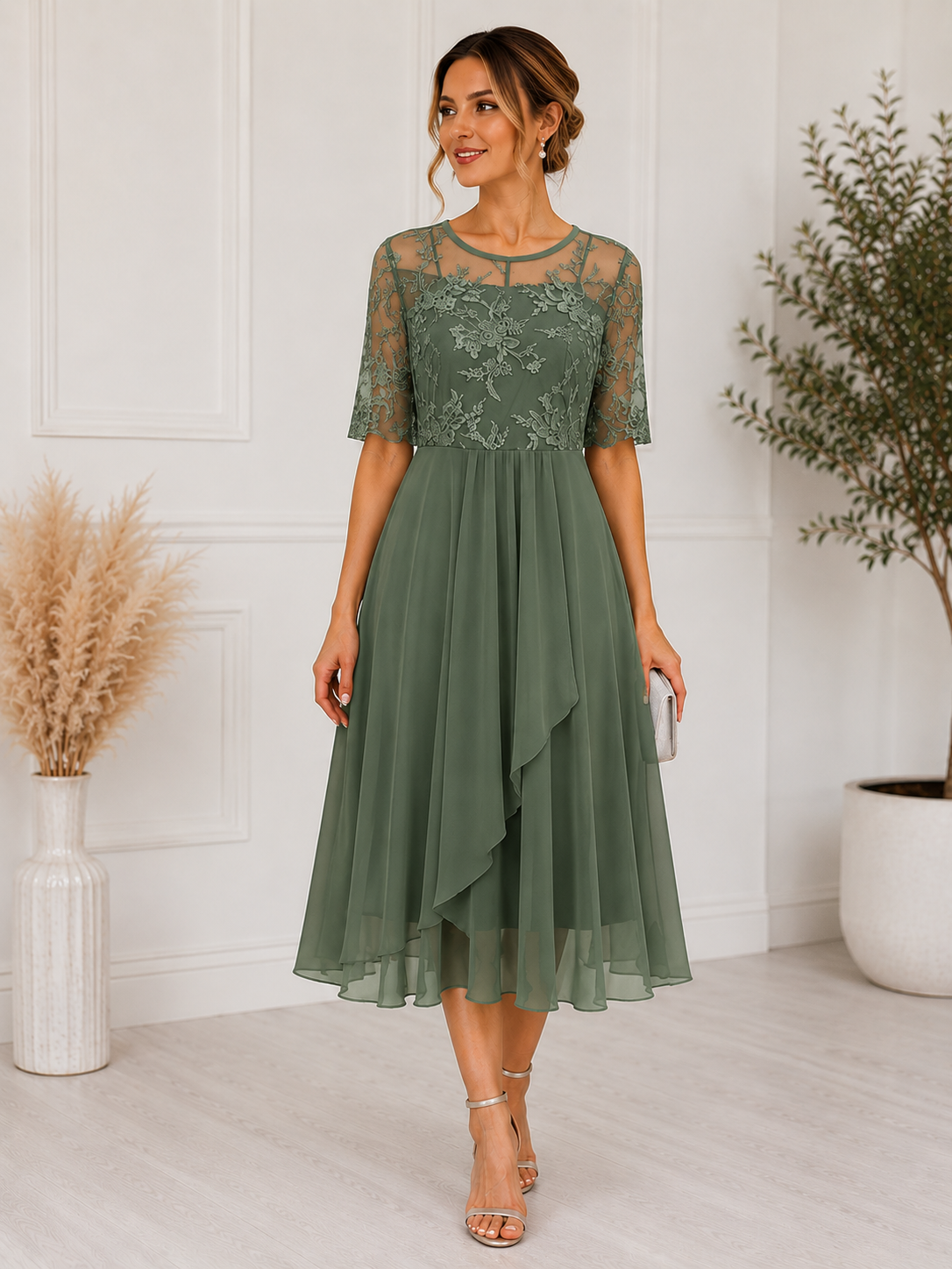 Women's Lace Midi Dress A-Line Silhouette Cocktail Formal Occasion 3