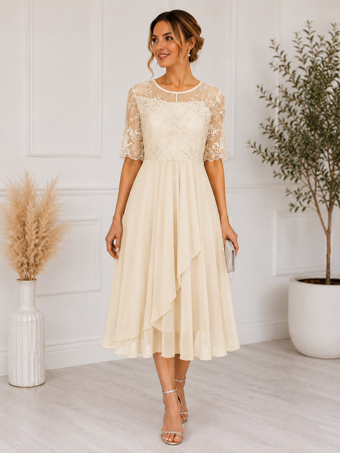 Women's Lace Midi Dress A-Line Silhouette Cocktail Formal Occasion 4