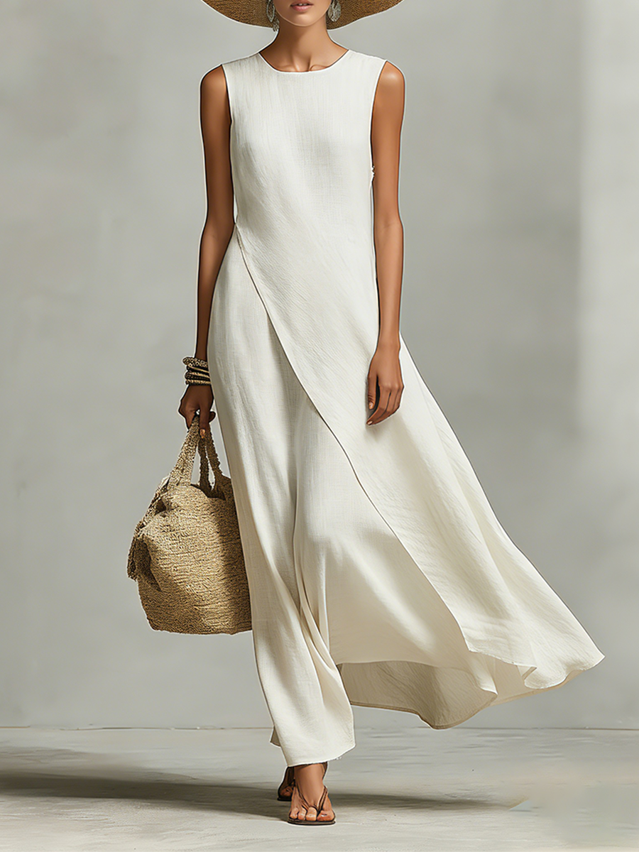Women's Linen Maxi Dress Sleeveless Asymmetric Hem Casual Beach 0