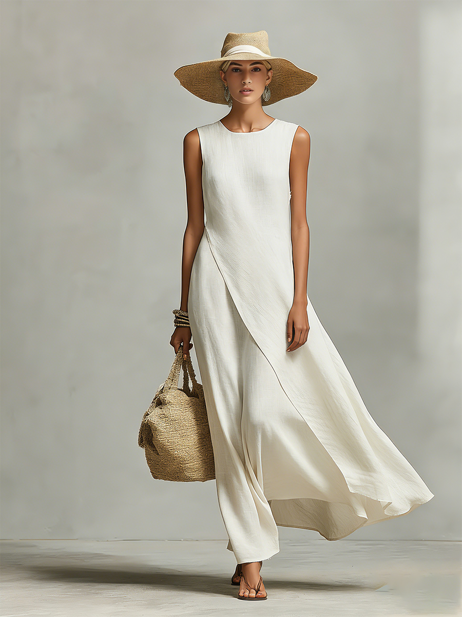 Women's Linen Maxi Dress Sleeveless Asymmetric Hem Casual Beach 1