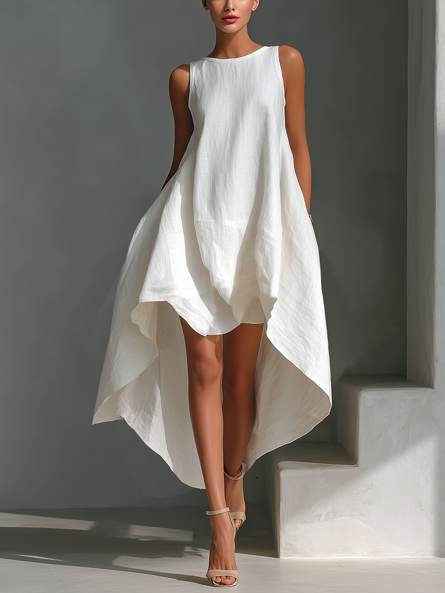 Women's Linen Midi Dress Sleeveless Asymmetric Hem Summer Casual 0