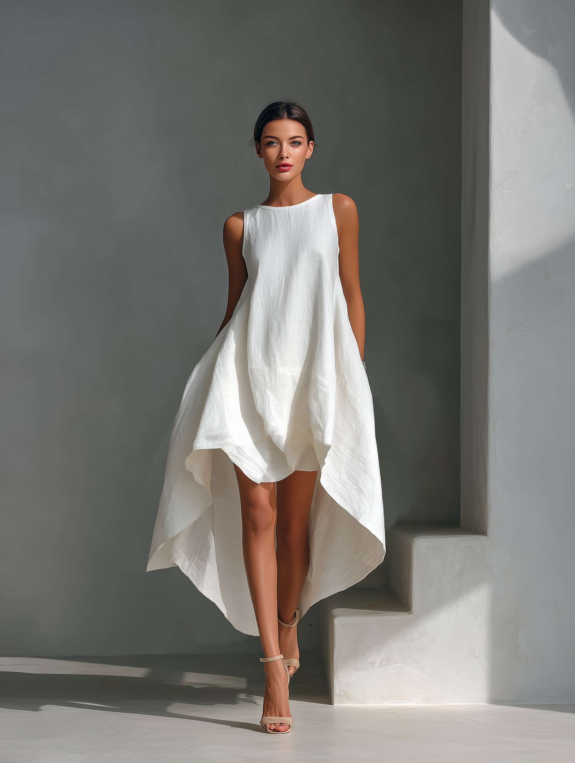Women's Linen Midi Dress Sleeveless Asymmetric Hem Summer Casual 1
