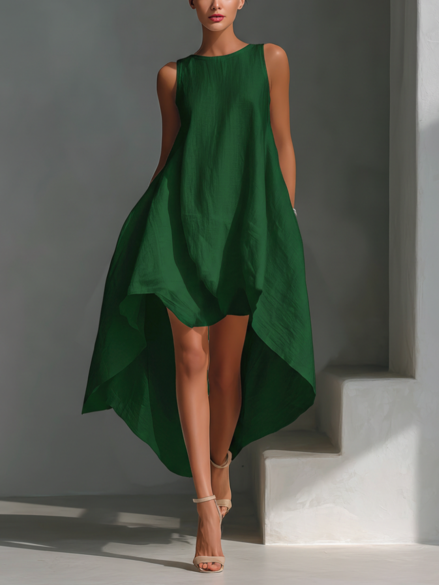 Women's Linen Midi Dress Sleeveless Asymmetric Hem Summer Casual 4