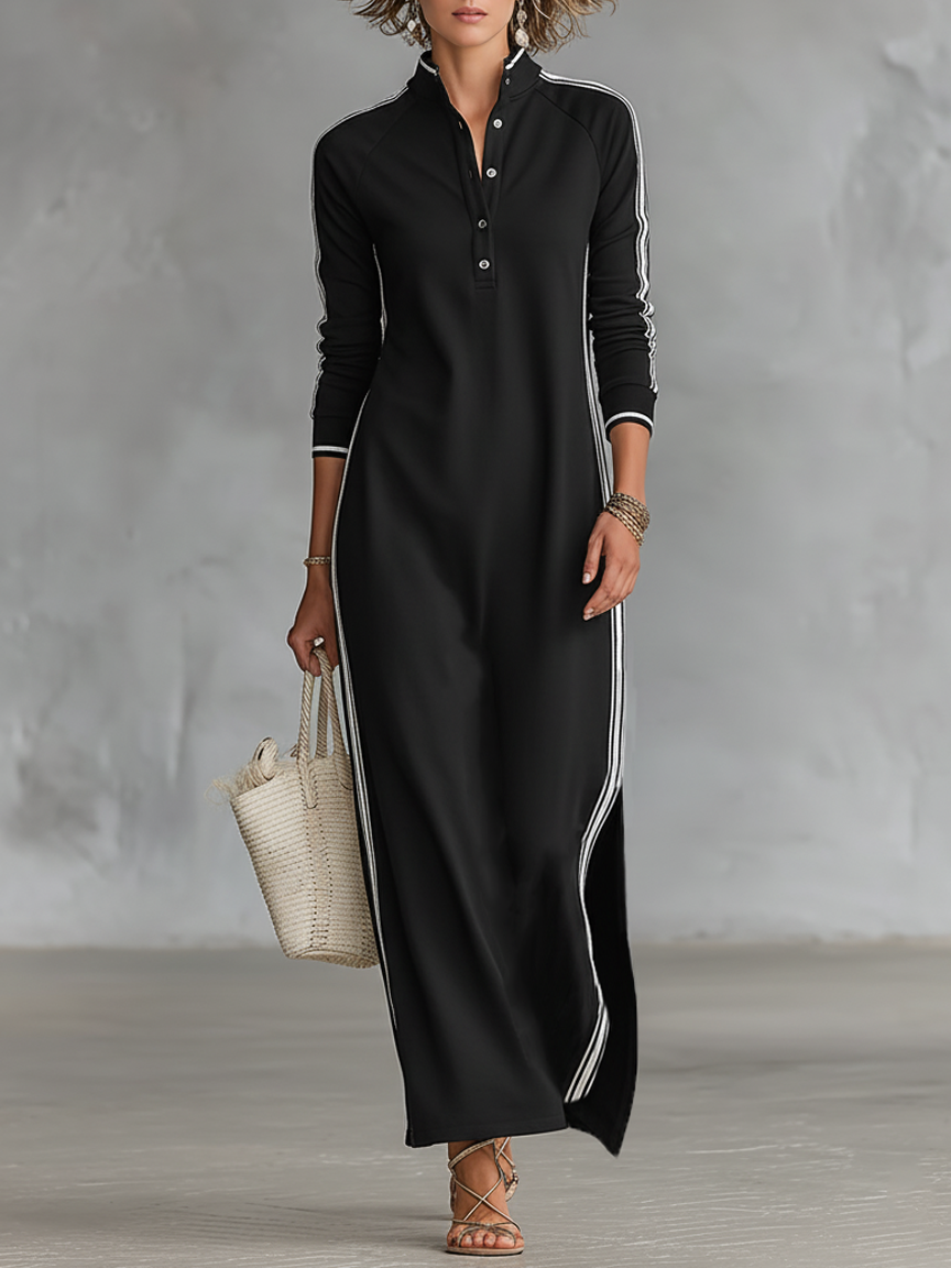 Women's Maxi Dress Button-Down Collar Long Sleeve White Trim Casual Sweatshirt Knit 0