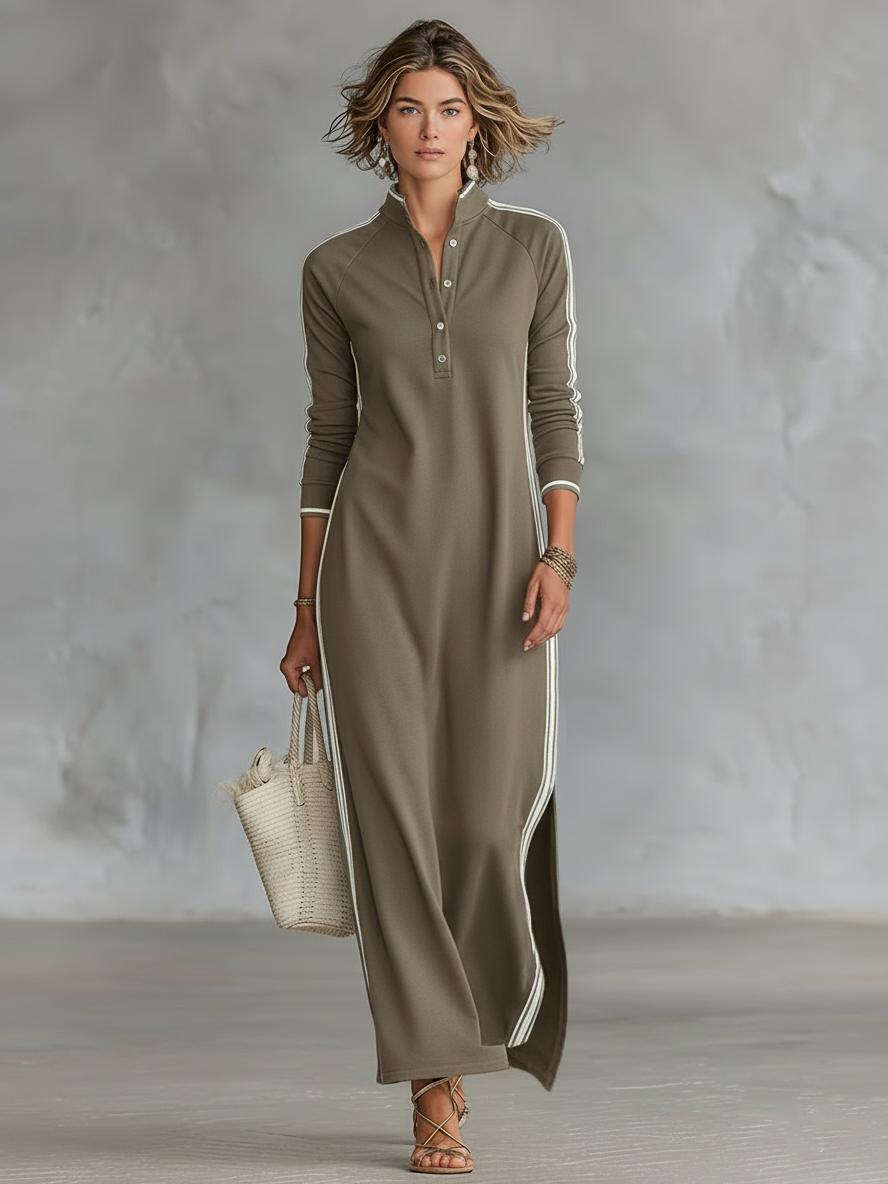 Women's Maxi Dress Button-Down Collar Long Sleeve White Trim Casual Sweatshirt Knit 2