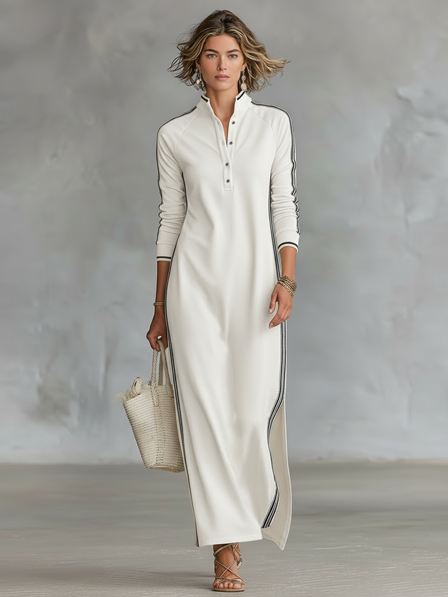 Women's Maxi Dress Button-Down Collar Long Sleeve White Trim Casual Sweatshirt Knit 3