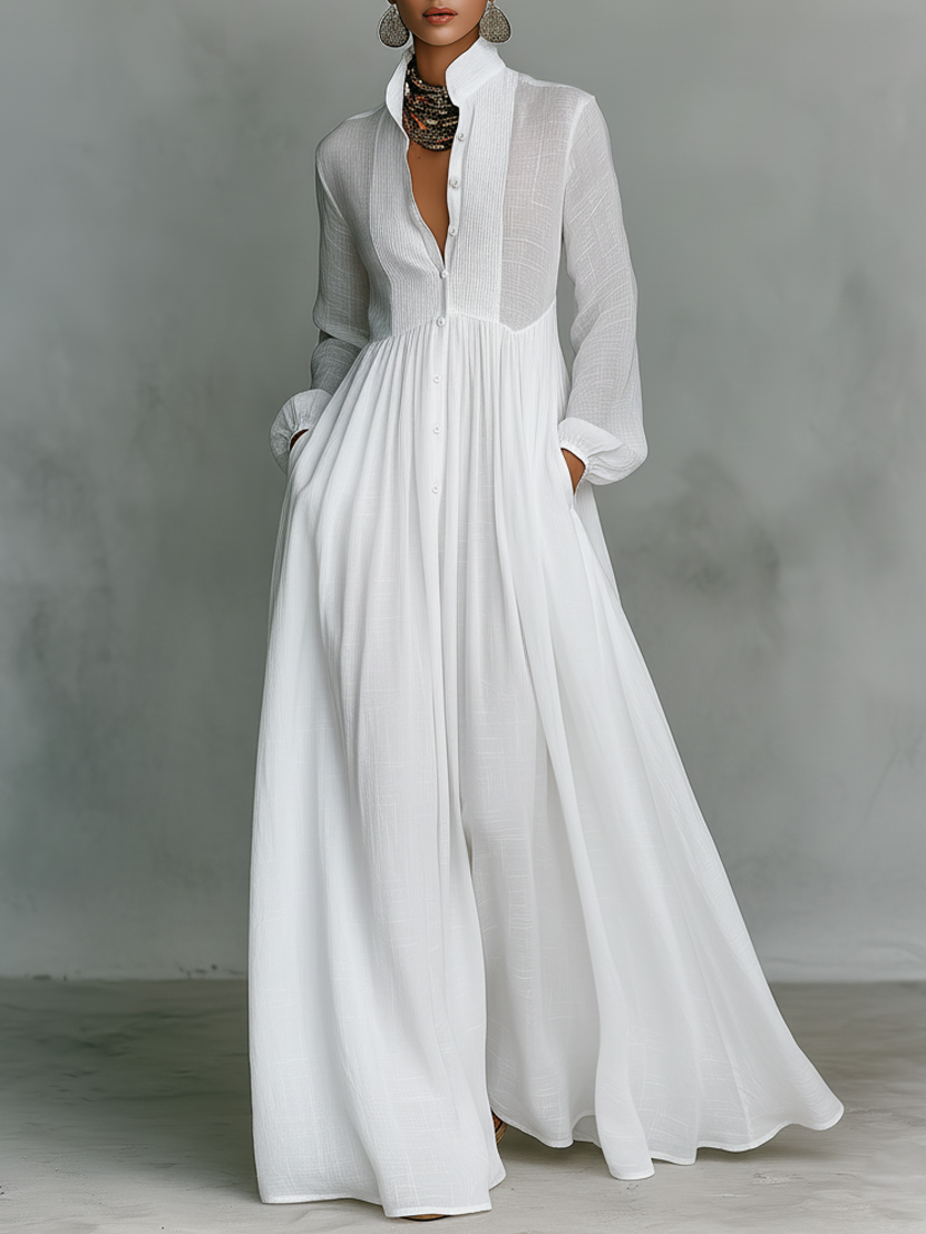 Women's Maxi Dress Cotton Linen Patchwork Single-Breasted Stand-Up Collar Long Sleeve 0