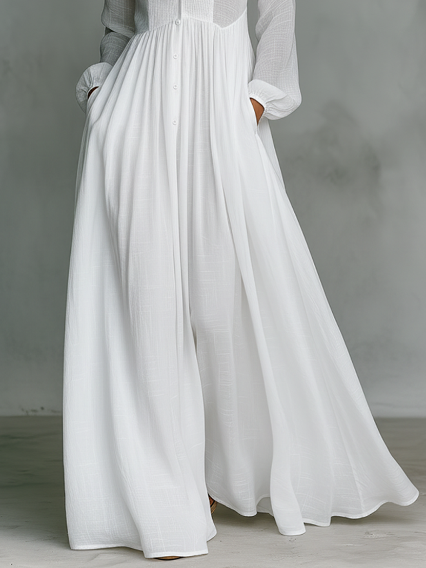 Women's Maxi Dress Cotton Linen Patchwork Single-Breasted Stand-Up Collar Long Sleeve 2