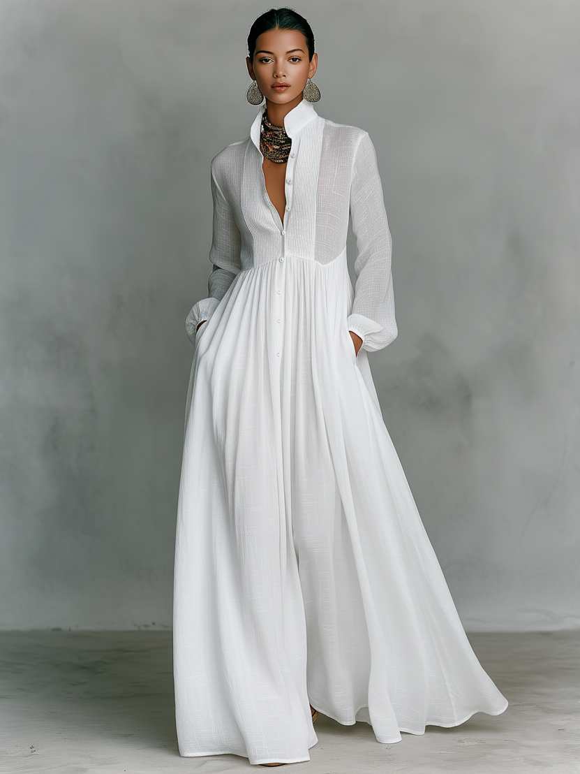 Women's Maxi Dress Cotton Linen Patchwork Single-Breasted Stand-Up Collar Long Sleeve 3