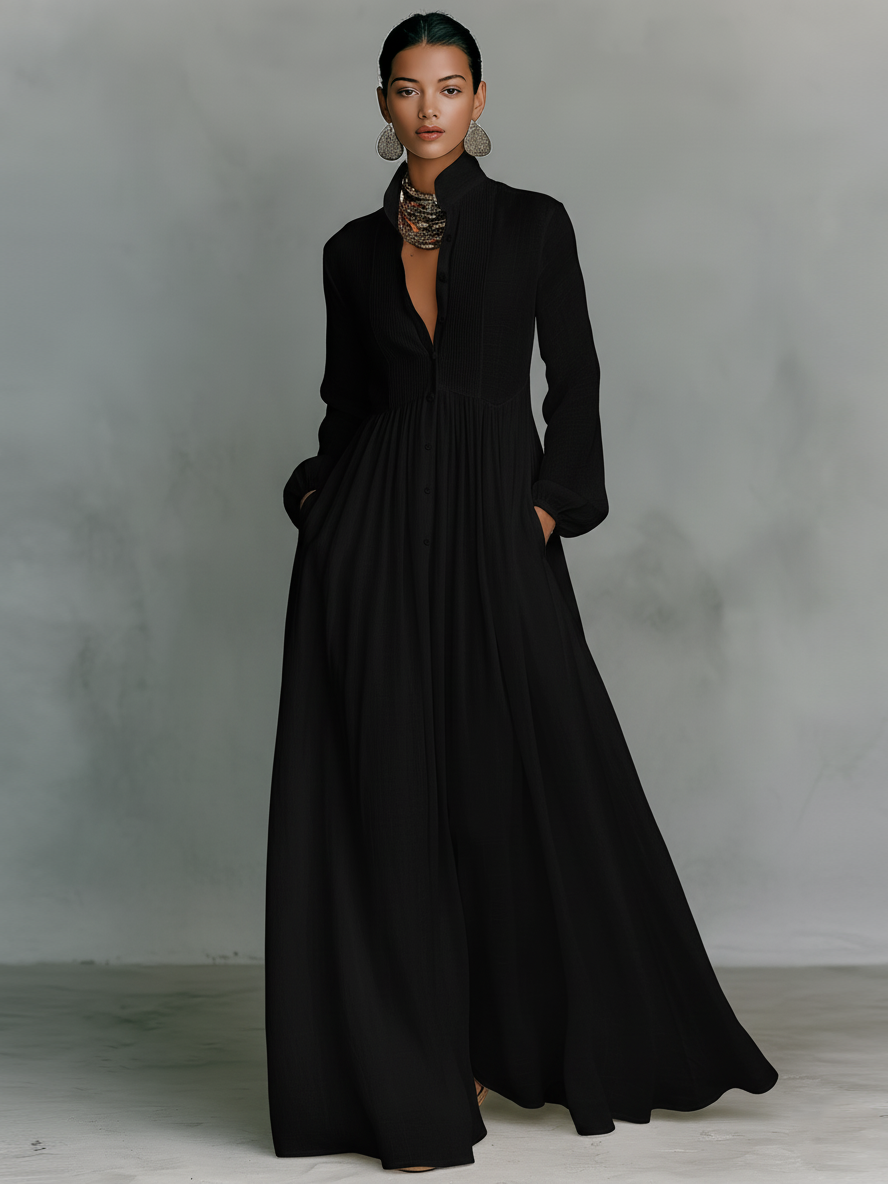 Women's Maxi Dress Cotton Linen Patchwork Single-Breasted Stand-Up Collar Long Sleeve 5