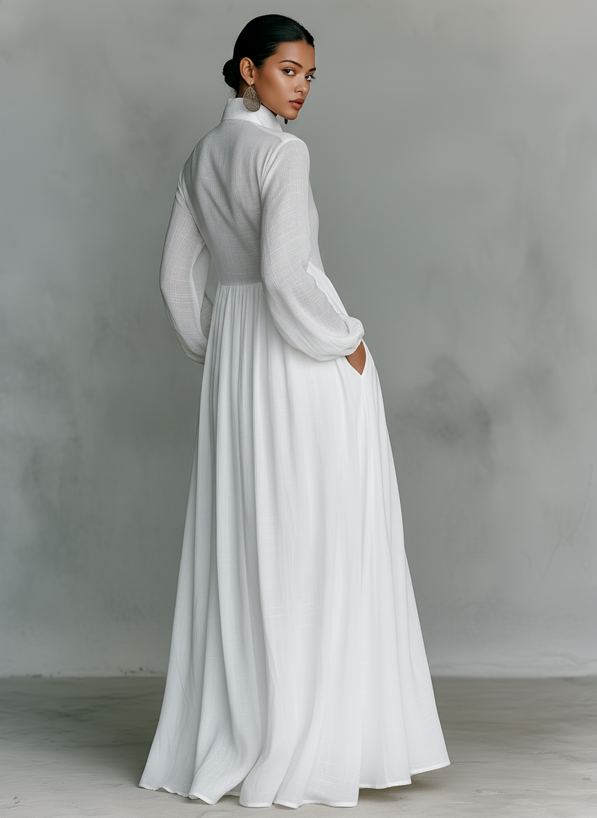 Women's Maxi Dress Cotton Linen Patchwork Single-Breasted Stand-Up Collar Long Sleeve 6