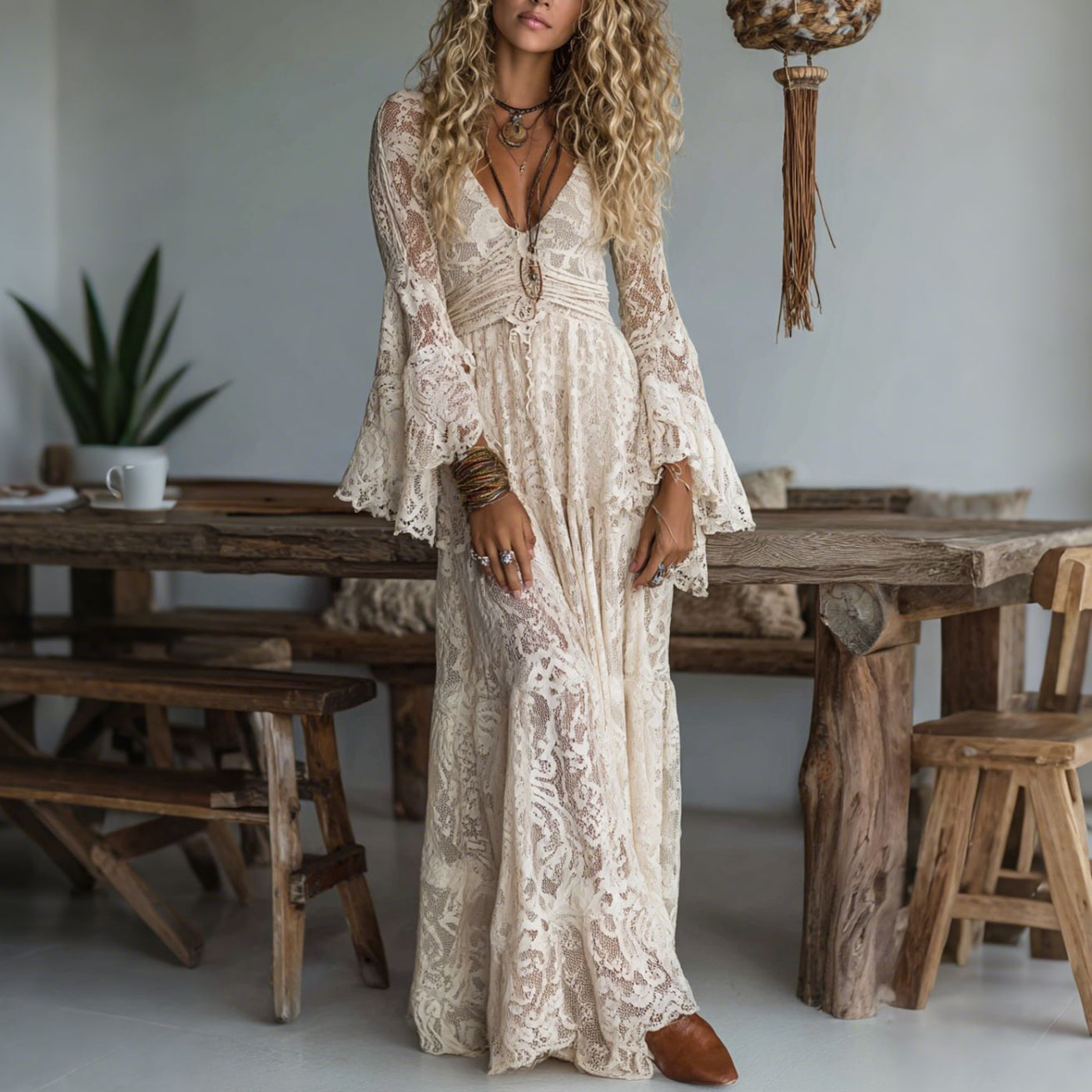 Women's Maxi Dress Deep V-Neck Flared Long Sleeves Solid Color Summer Dress 0
