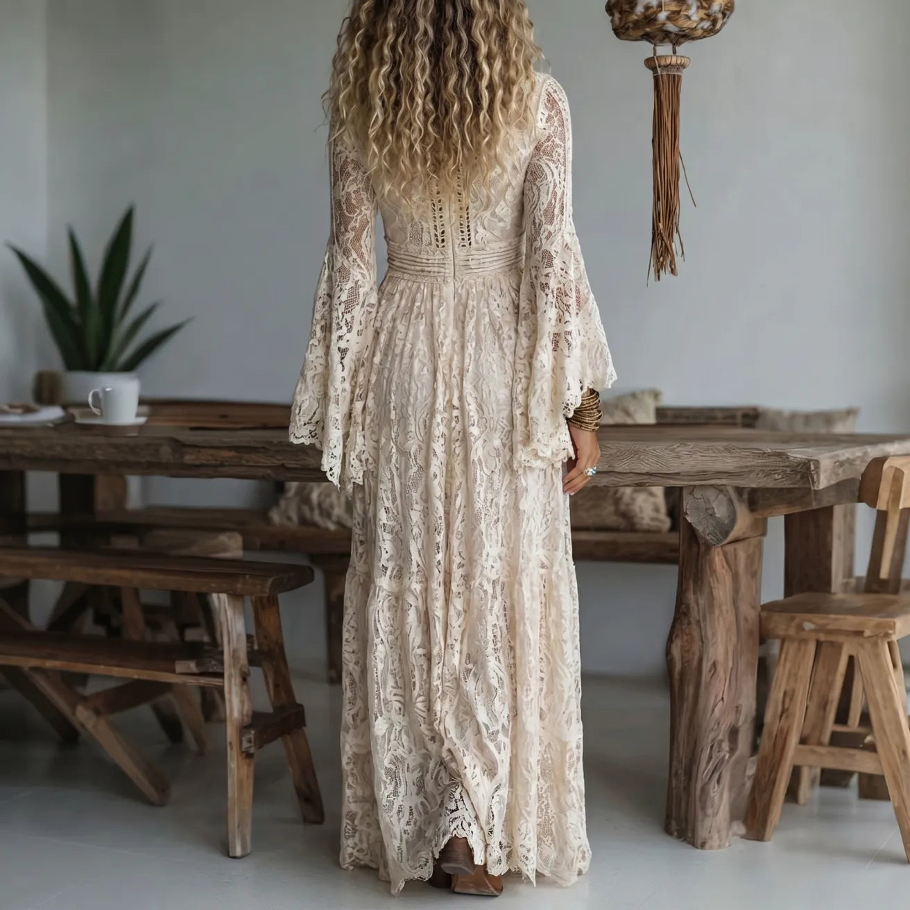 Women's Maxi Dress Deep V-Neck Flared Long Sleeves Solid Color Summer Dress 2