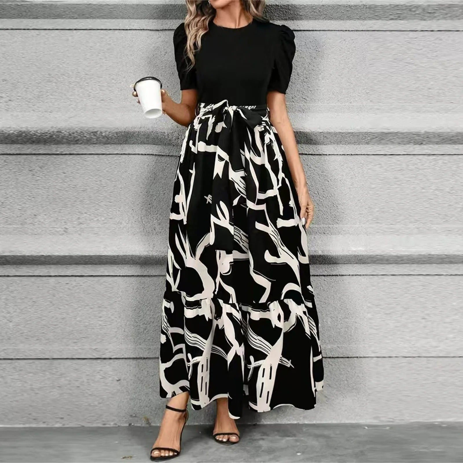 Women's Maxi Dress Floral Ruffled Hem Long Sleeve