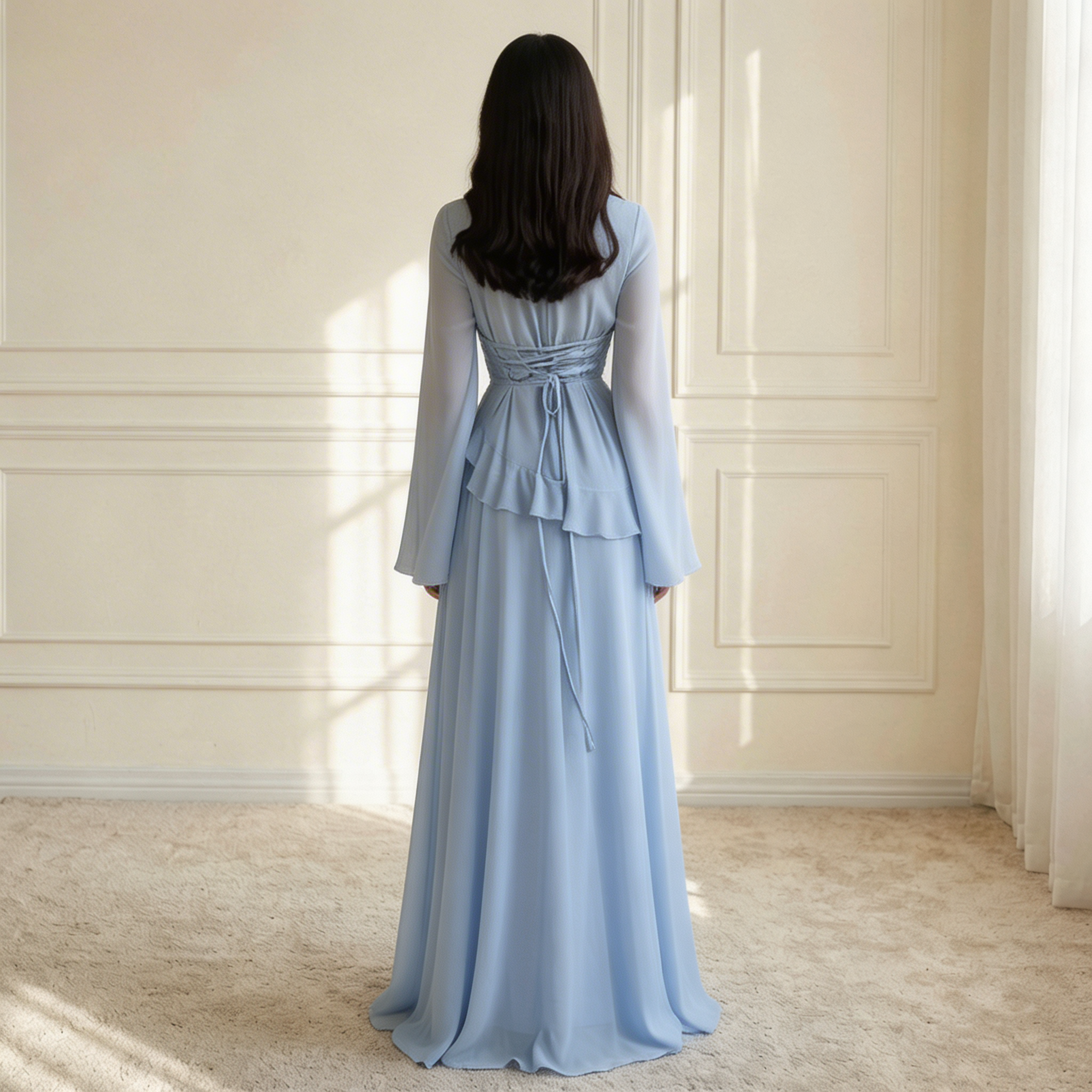 Women's Maxi Dress Ruffle Trim V-Neck Flowing Silhouette 4