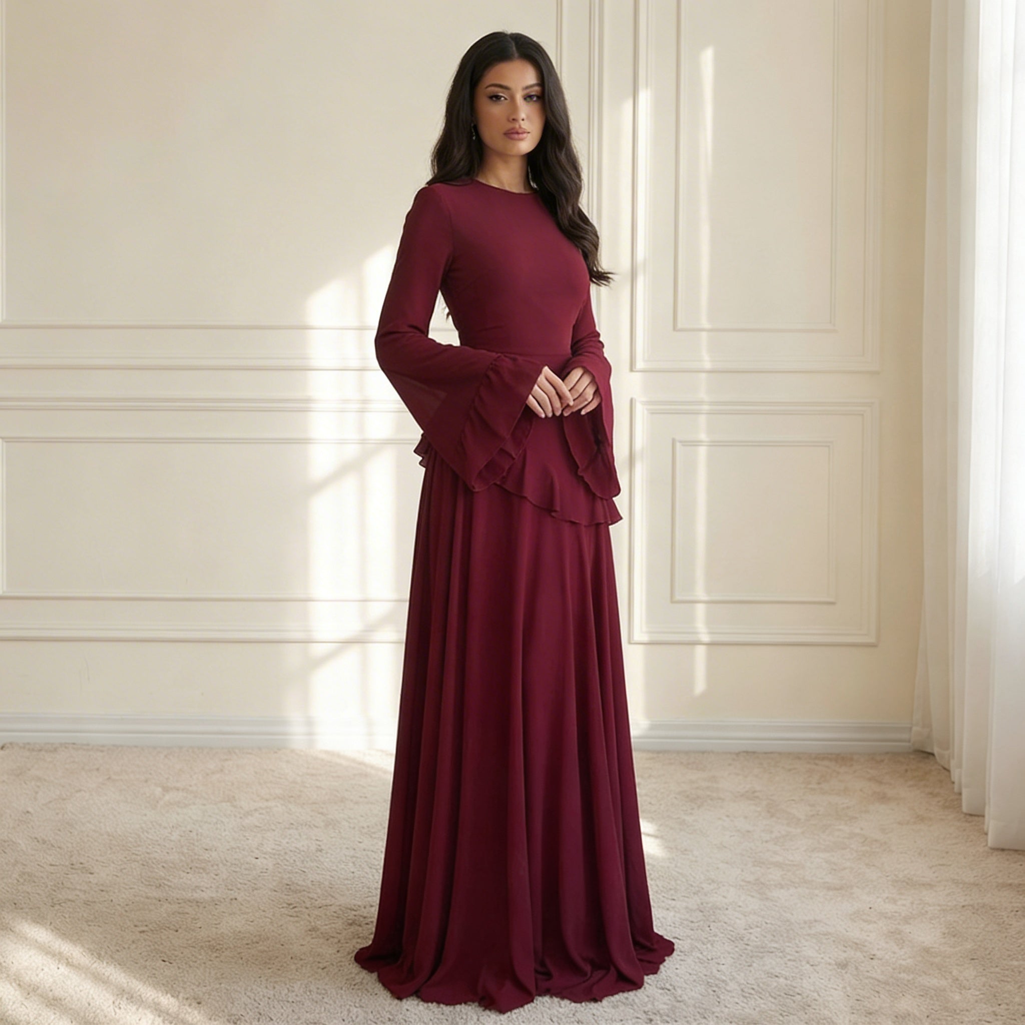 Women's Maxi Dress Ruffle Trim V-Neck Flowing Silhouette 5
