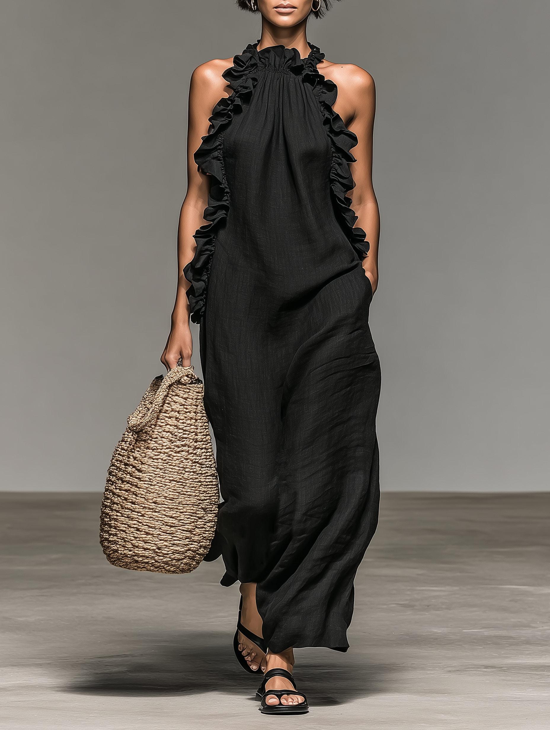 Women's Maxi Dress Sleeveless Ruffle Linen Blend Casual Summer 0