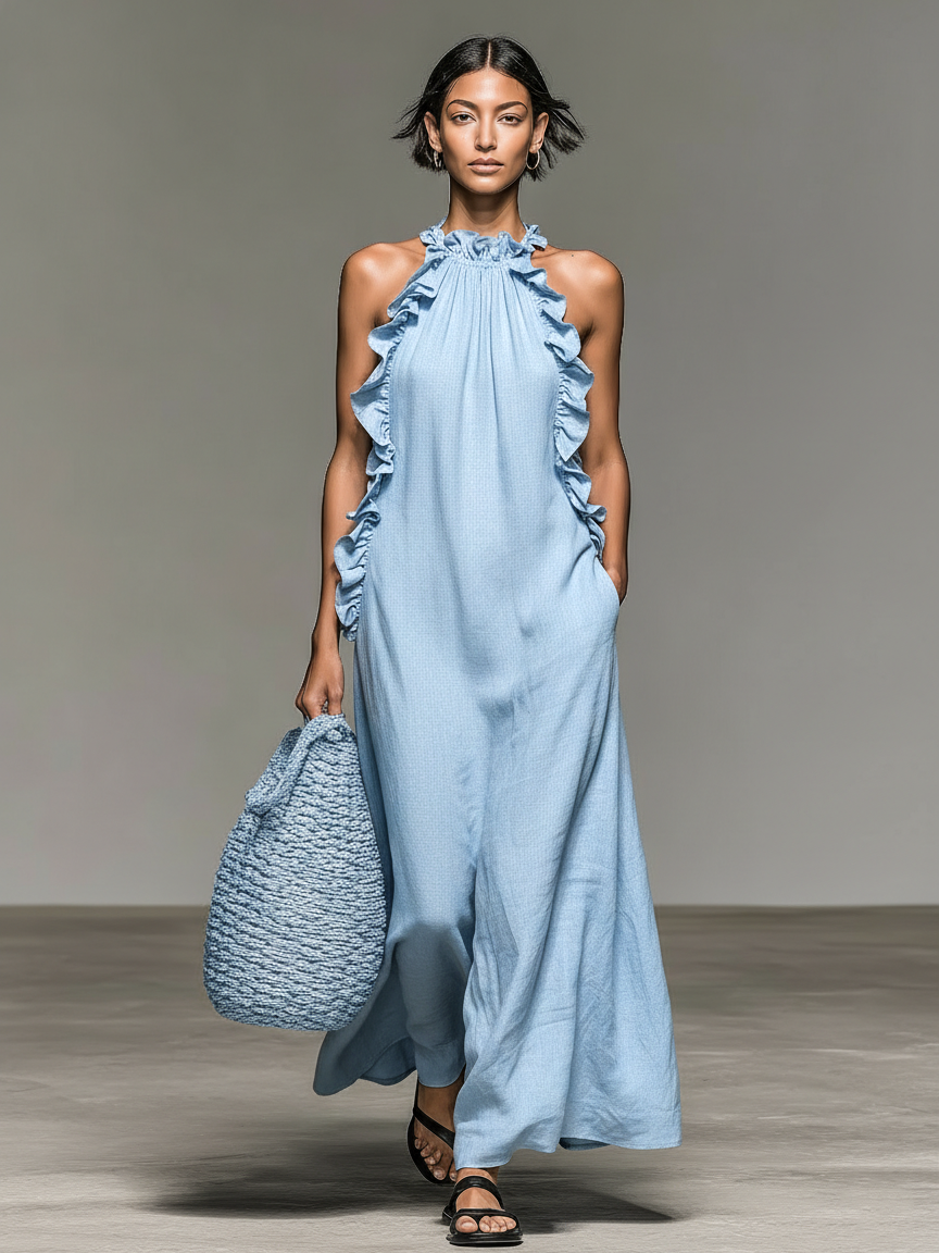 Women's Maxi Dress Sleeveless Ruffle Linen Blend Casual Summer 3