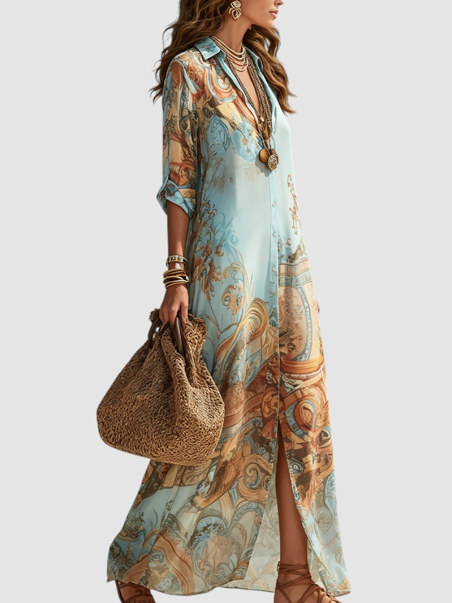 Women's Mediterranean Maxi Dress Lightweight Breathable Short Sleeve Summer 2