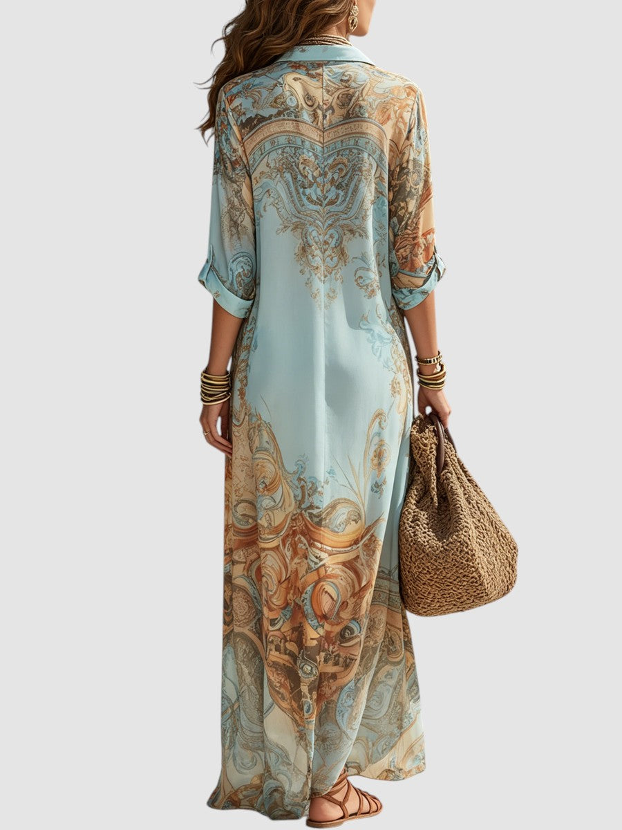 Women's Mediterranean Maxi Dress Lightweight Breathable Short Sleeve Summer 3