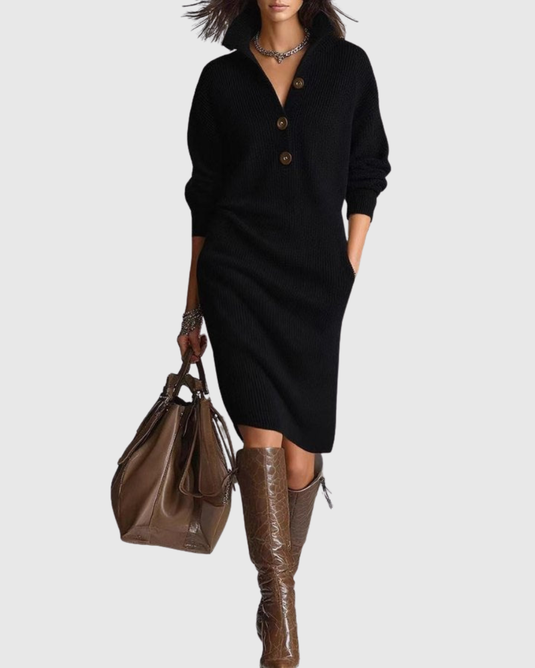 Women's Midi Dress Pure Wool Long Sleeve Ribbed Cozy Design 0