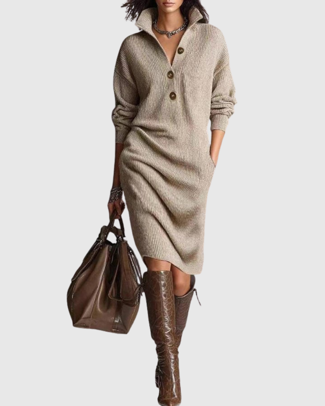 Women's Midi Dress Pure Wool Long Sleeve Ribbed Cozy Design 1