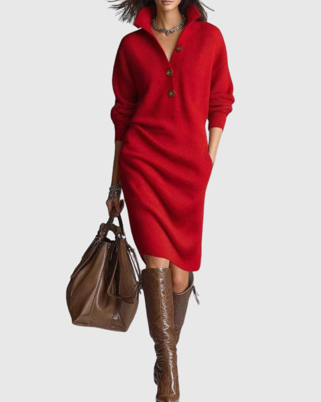 Women's Midi Dress Pure Wool Long Sleeve Ribbed Cozy Design 2