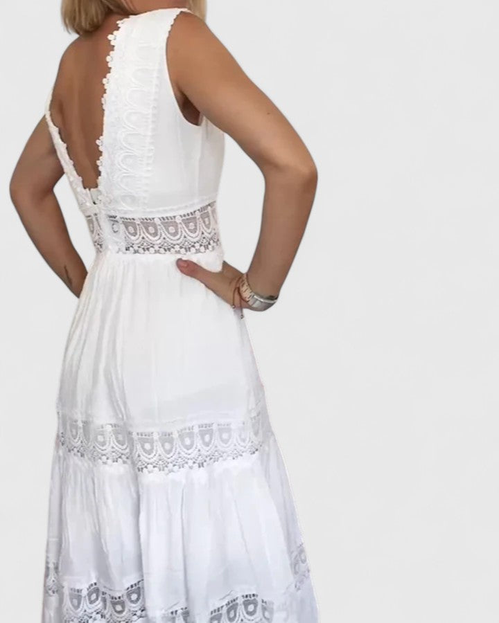 Women's Midi Dress V-Neck Crochet Lace Tiered Skirt Elegant Design 1