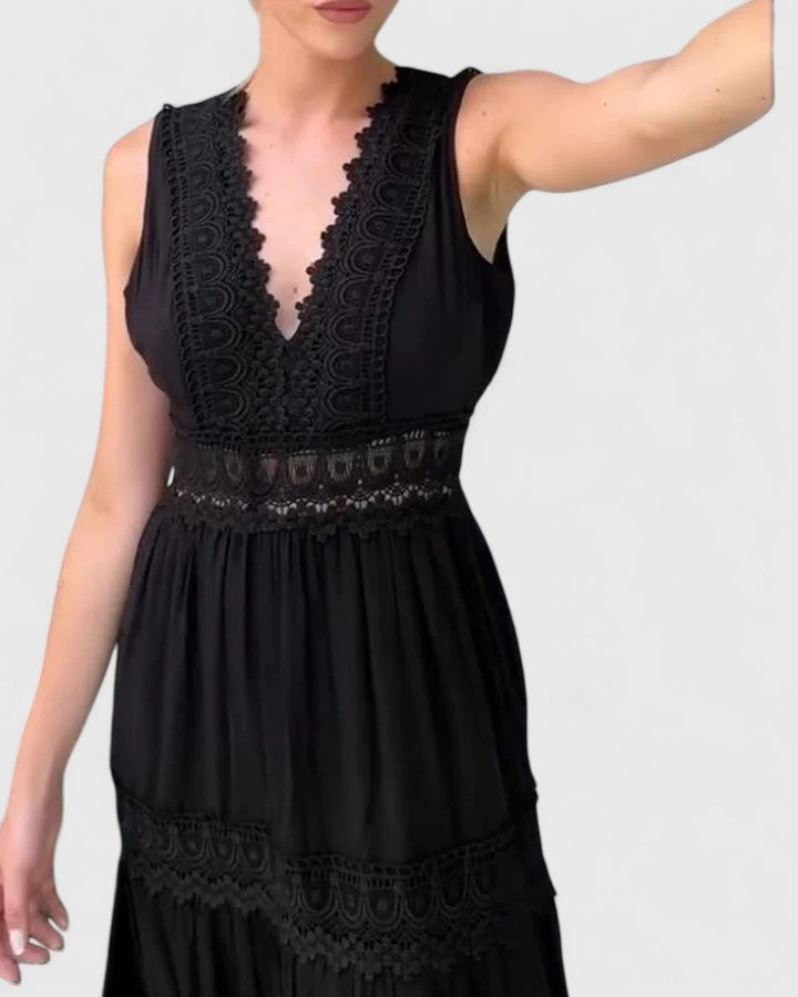 Women's Midi Dress V-Neck Crochet Lace Tiered Skirt Elegant Design 4