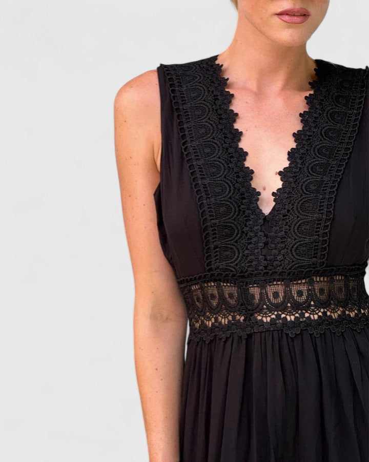 Women's Midi Dress V-Neck Crochet Lace Tiered Skirt Elegant Design 5