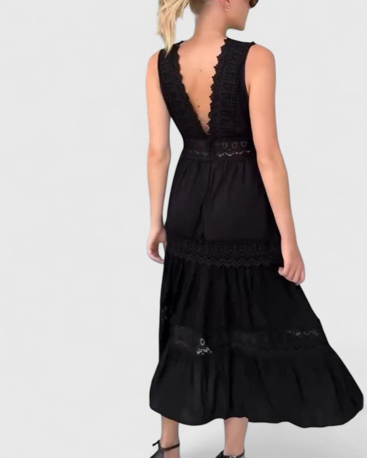 Women's Midi Dress V-Neck Crochet Lace Tiered Skirt Elegant Design 8