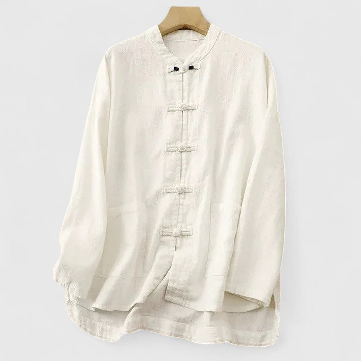 Women's Shirt Cotton Breathable Relaxed Fit with Knot Closures and Patch Pockets 2