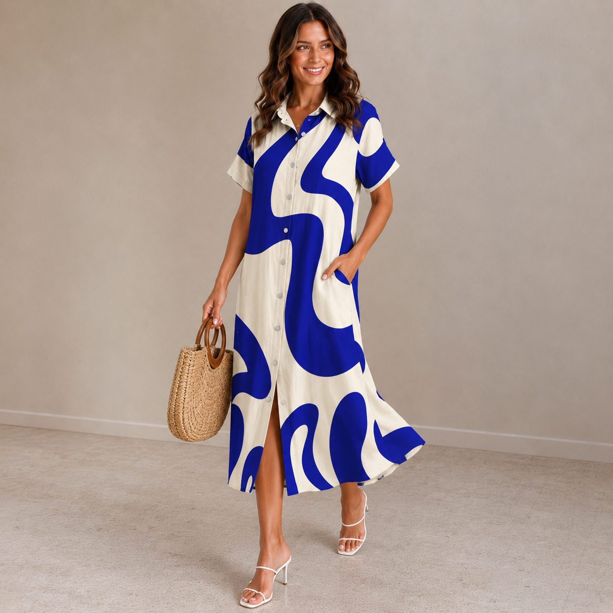 Women's Summer Dress Abstract Print Button-Front Midi Lightweight with Pockets 5