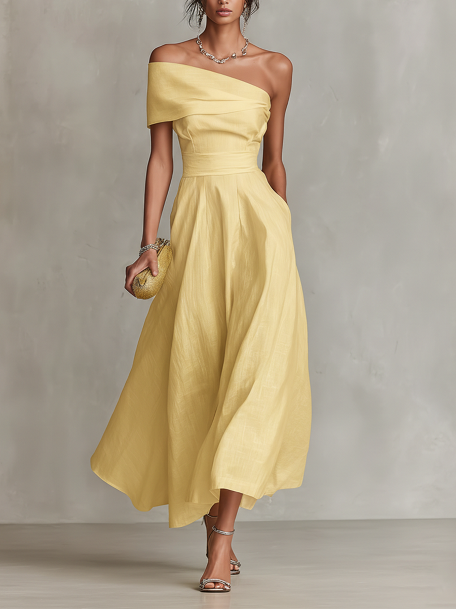 Women's Summer Dress One-Shoulder Fitted Waist Midi Yellow Linen 0