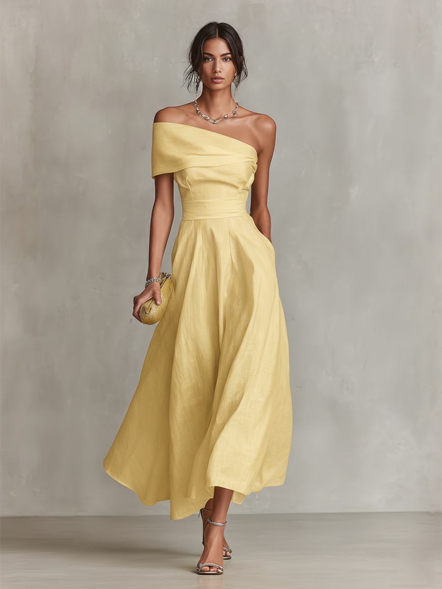 Women's Summer Dress One-Shoulder Fitted Waist Midi Yellow Linen 1