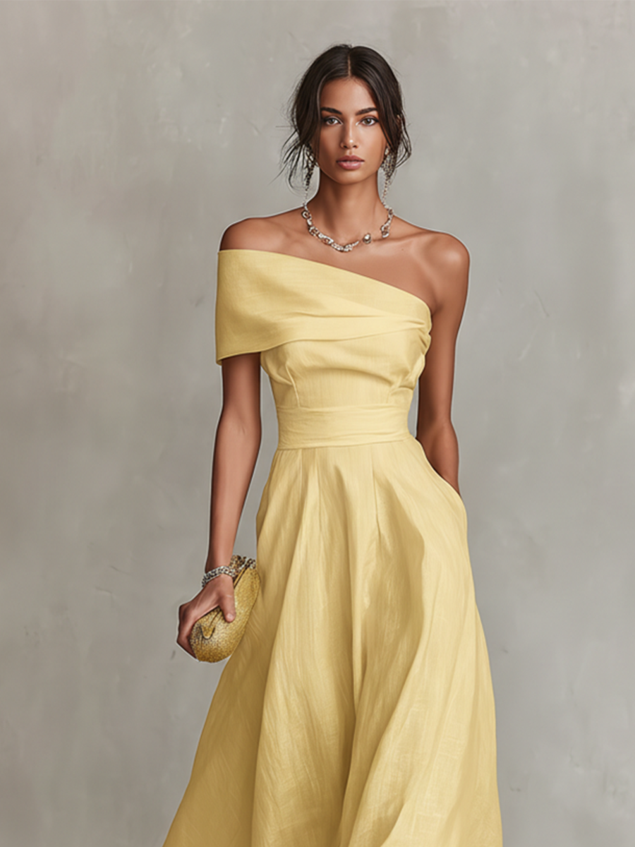 Women's Summer Dress One-Shoulder Fitted Waist Midi Yellow Linen 2
