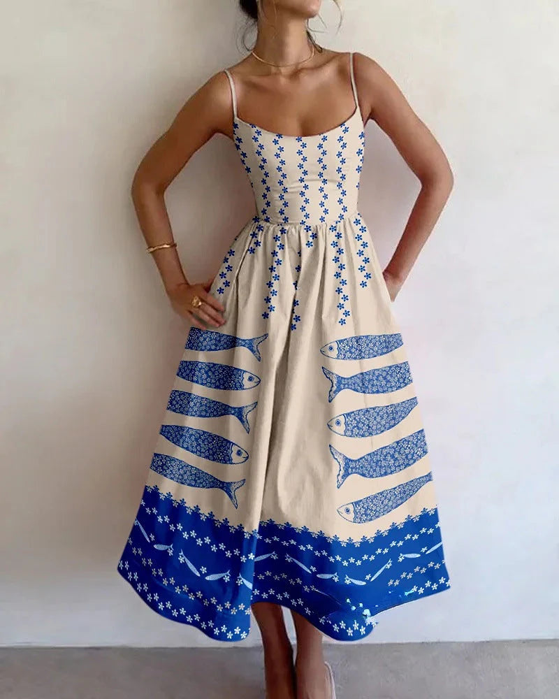 Women's Summer Midi Dress Coastal Fish Floral Print Breathable Resort Wear 0