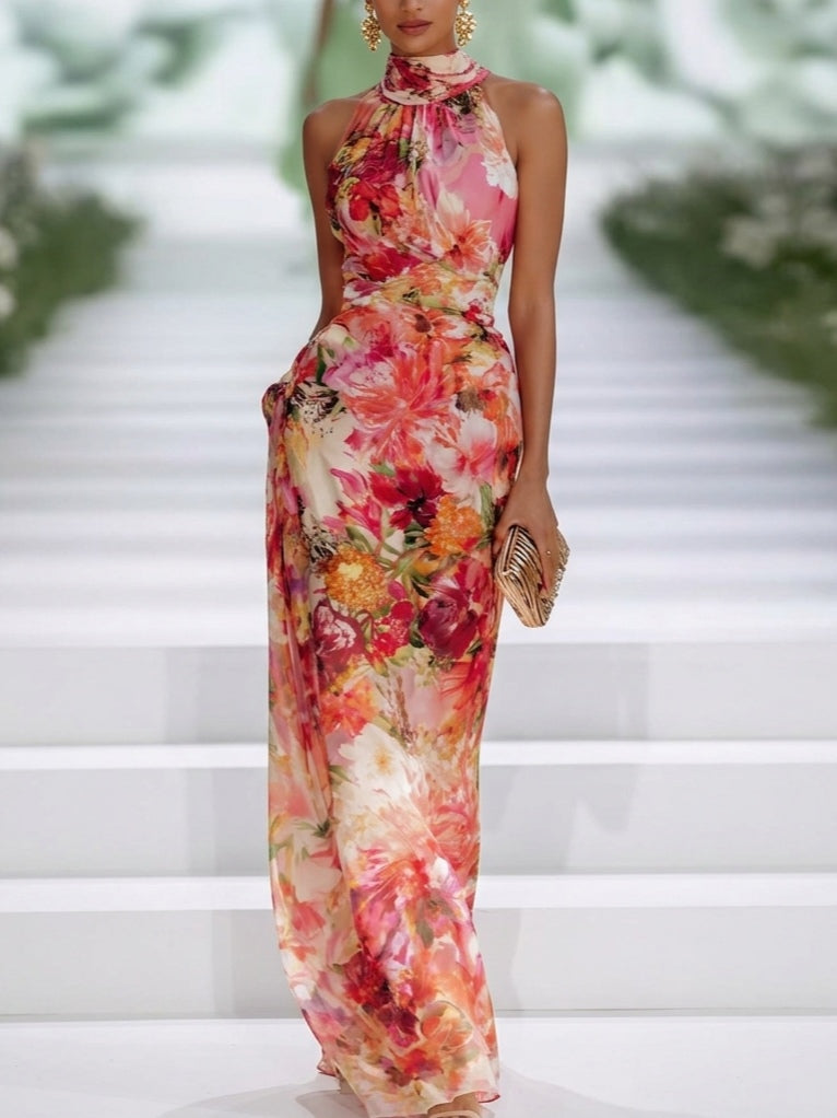 Women's Tropical Floral Maxi Dress Halter Neck Flowing Silhouette 0