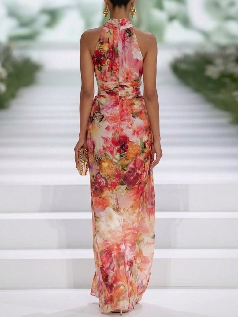 Women's Tropical Floral Maxi Dress Halter Neck Flowing Silhouette 1