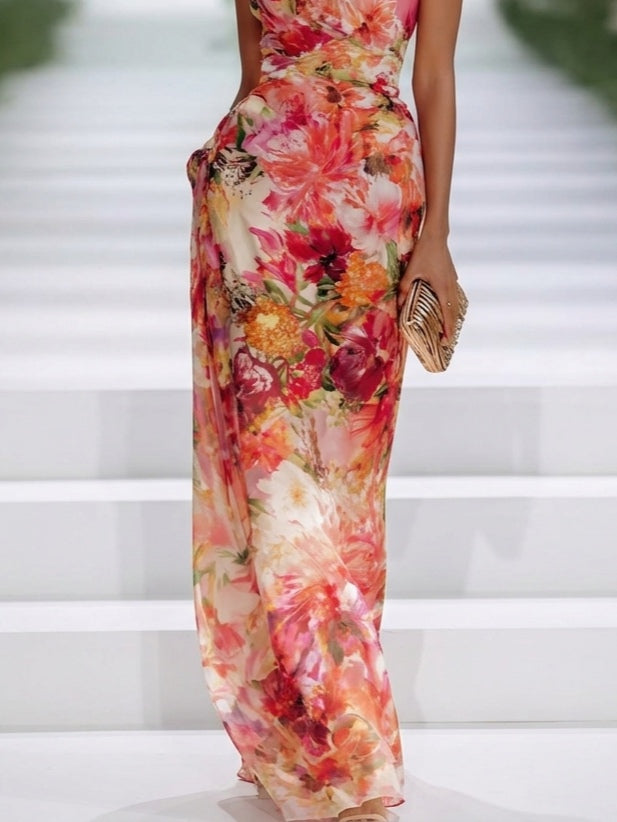 Women's Tropical Floral Maxi Dress Halter Neck Flowing Silhouette 3